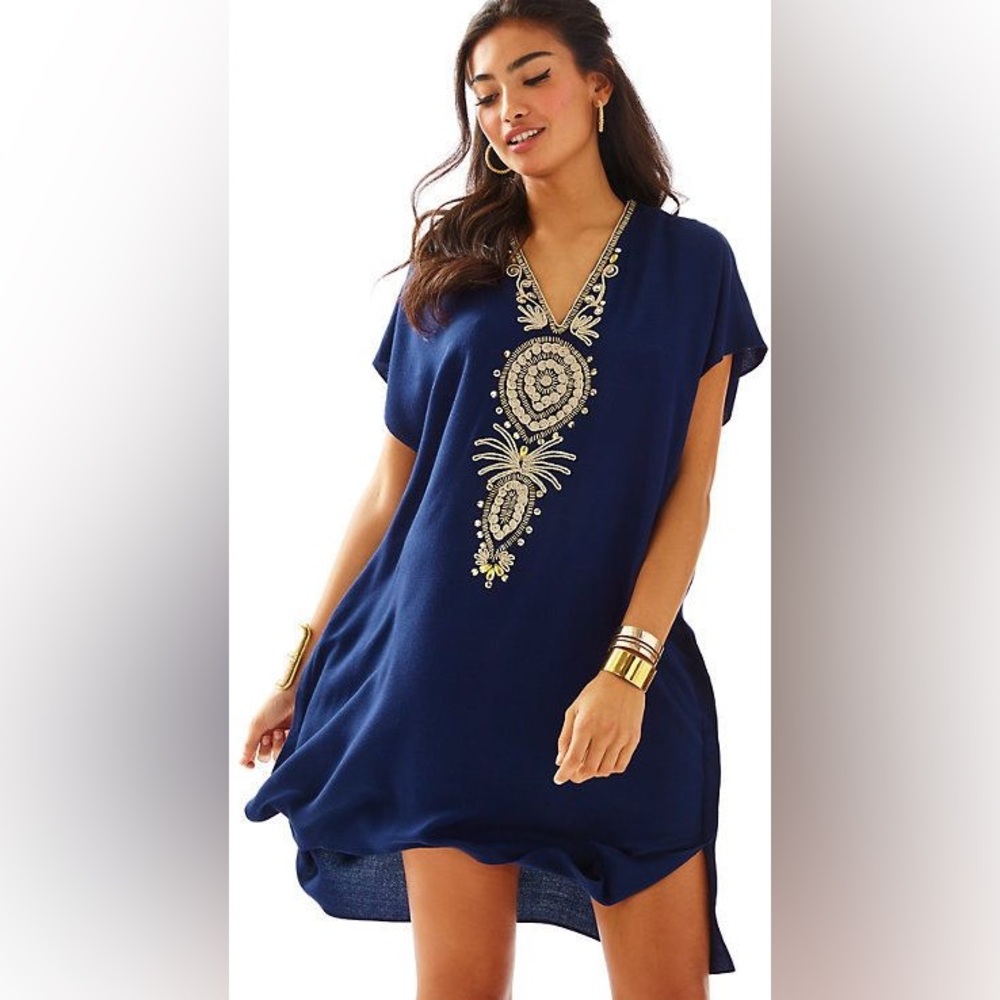Lilly Pulitzer Chai Caftan True Navy Beaded Embroidery Dress